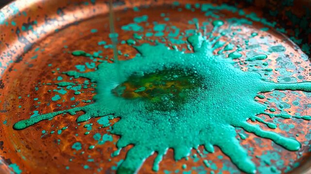 Copper pan with turquoise patina