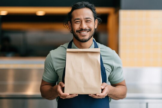 Smiling cafe worker holding a brown paper takeout bag for restaurant packaging mockup and menu design background