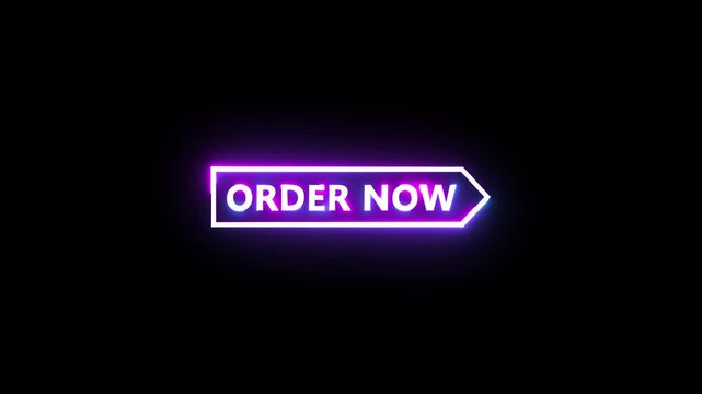 Neon purple arrow sign with text order now flashing for modern digital commerce marketing.
