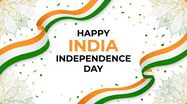 Festive indian independence day graphic with waving flag and ornamental floral design