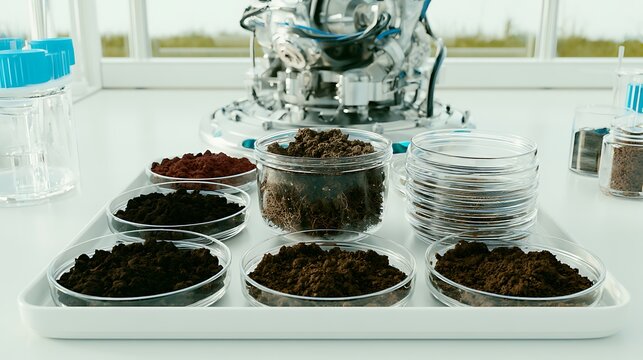 Soil samples in glass petri dishes for scientific research in a laboratory