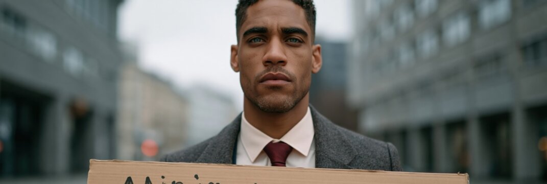 Businessman in suit holding minimum wage placard on downtown street for campaign banner and advocacy background focused on labor rights
