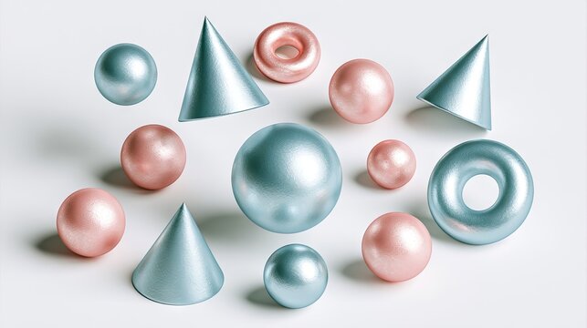 Pastel 3D metallic spheres and cones on white background.