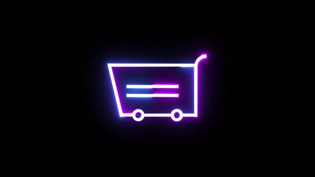 Neon glowing shopping cart icon animation isolated on black background for retail digital.