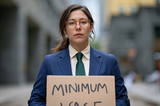 Female professional wearing glasses holding "minimum wage" cardboard sign for social justice poster and banner design