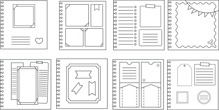 Hand drawn scrapbook page template set with photo frame elements for memory albums and journaling