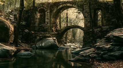 Old stone ruins with arches in a peaceful green forest © Alokesh