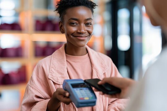 Smiling cashier holding a card reader as a customer taps a phone for contactless mobile payment at a store checkout counter