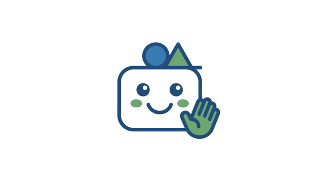 A friendly cartoon robot character waving hello on a white background
