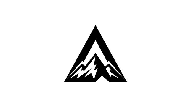 A minimalist black and white graphic icon featuring a stylized mountain peak inside a triangle