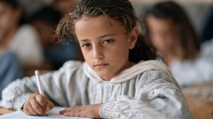 Obraz premium Lebanese refugee child participating in school integration drawing session alongside local classmates, Beirut public classroom, inclusive education, resettlement support program,