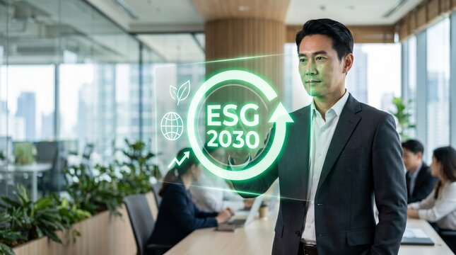Premium Asian Executive Board Meeting AR ESG 2030 Hologram Copyspace