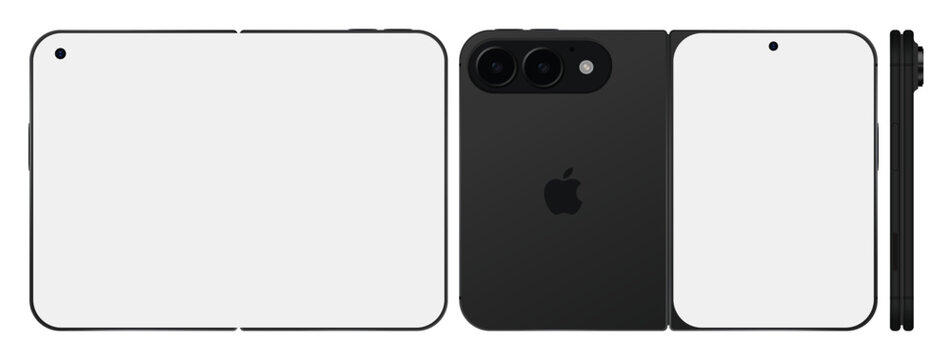A design mockup of a conceptual folding Apple iPhone Ultra model from different angles, showing the large main screen when unfolded, the back panel with a dual camera module and logo.