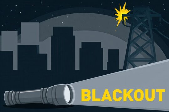 Bright flashlight illuminates Blackout text. Energy outage concept.