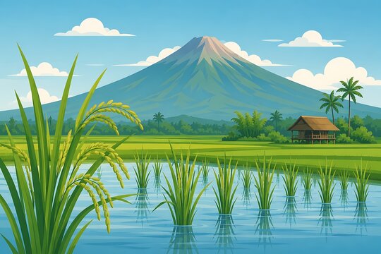 Green rice field paddy and volcano mountain vector landscape with traditional hut
