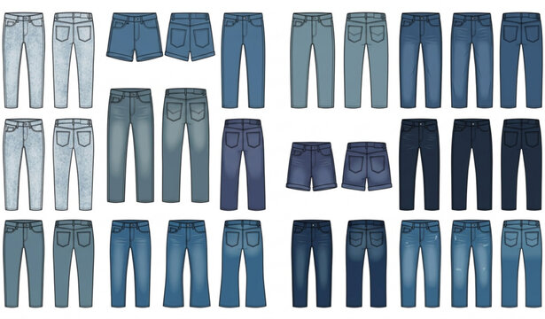 Youth Denim Jeans Technical Vector Collection with Shorts Wash Effects Fashion Apparel Flat Clothing Design