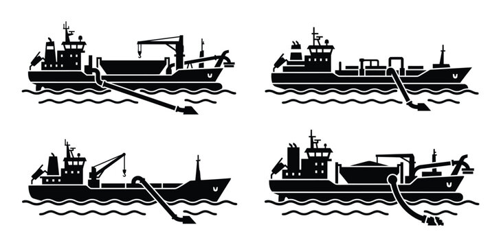 Set of four black silhouette icons of trailing suction hopper dredger ships on the water