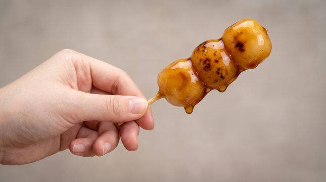みたらし団子を手で持って食べる女性