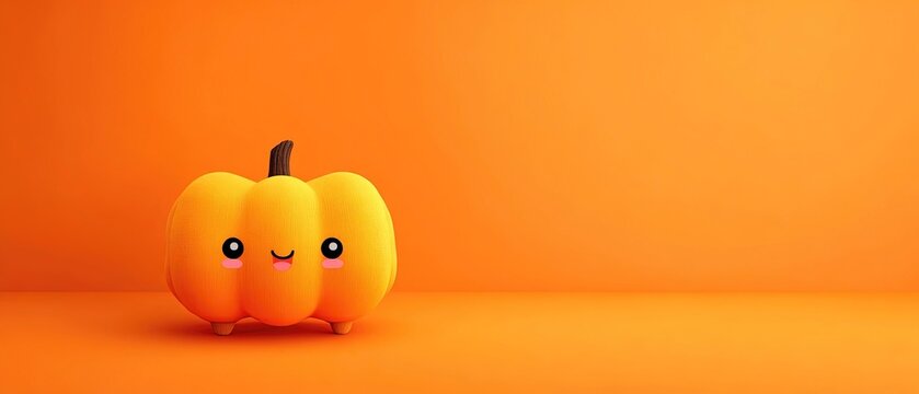 Adorable plush pumpkin character with a happy face set against a vibrant orange background. Minimalist and playful autumn or Halloween concept.