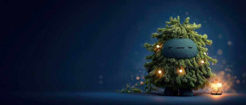 Adorable plush tree figure decorated with festive pine branches and string lights, standing beside a lantern on a dark blue background.