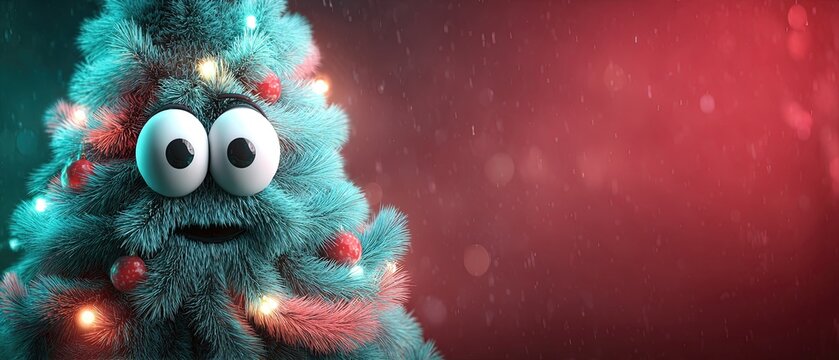 Festive cartoon Christmas tree with big eyes, glowing lights, and snowy branches on a red background, perfect for holiday themes.