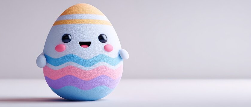 Smiling pastel Easter egg character with colorful stripes on a soft background, cheerful and playful, ideal for holiday and spring-themed designs.