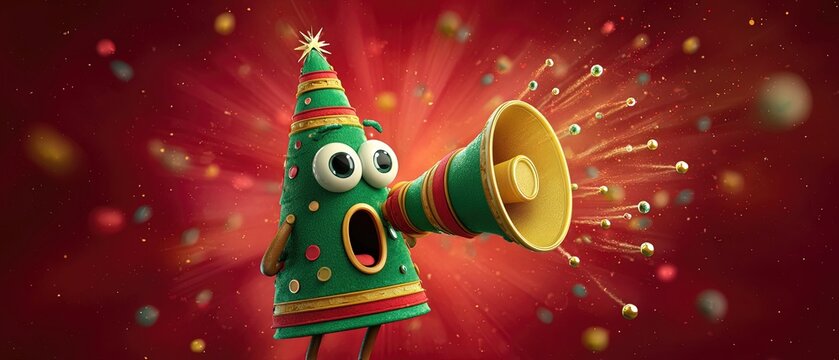Whimsical Christmas tree character with megaphone, vibrant red background and festive confetti, perfect for holiday promotions and marketing.