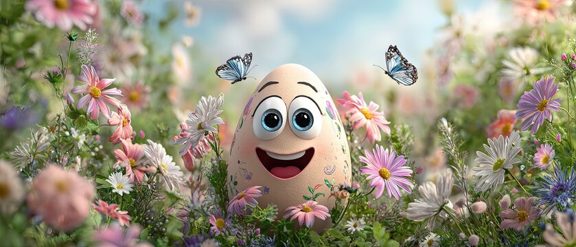 Smiling cartoon egg surrounded by colorful daisies and butterflies in a bright, blooming spring meadow under a blue sky.