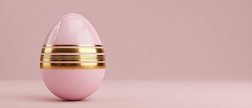 Elegant pastel pink egg with shiny gold bands on a soft pink background. Minimalist composition ideal for spring, Easter, and festive design projects.