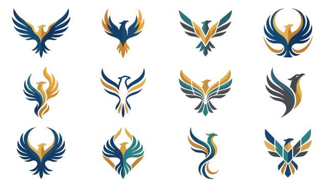 Collection of stylized phoenix bird logos and emblems, mythical creature designs.