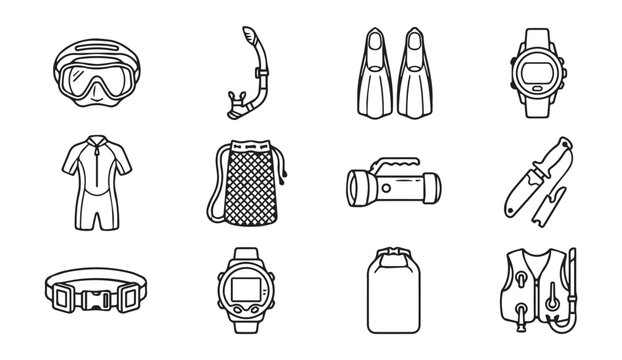 Scuba Diving Equipment Set with Mask Snorkel Fins Suit and Accessories Vector Illustration