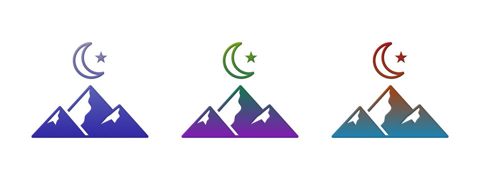 Mountain peaks with crescent moon and star icons