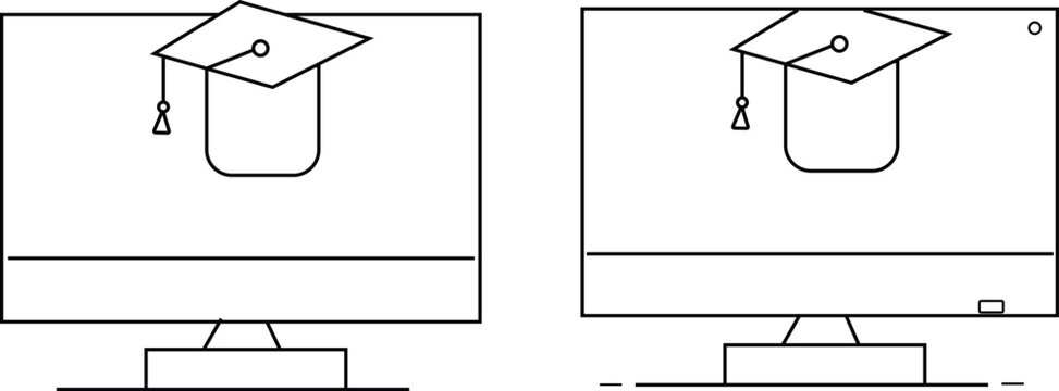 Minimalist line art illustration of graduation caps on computer monitors representing online education and e-learning isolated on white background