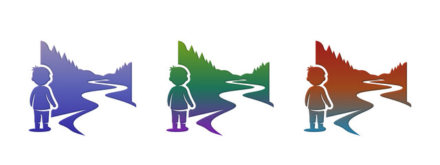 Little boy looking at a river landscape illustration