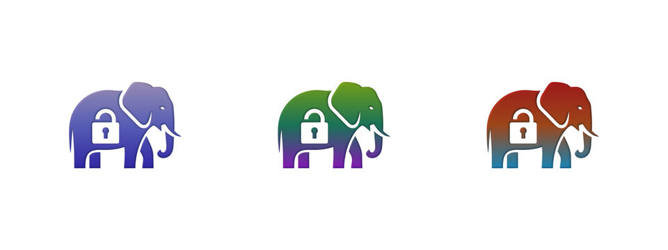 Colorful elephant icons with open padlock security symbol