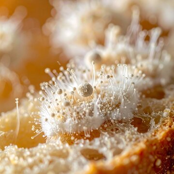 A close-up view of white mold growth on a decaying organic surface