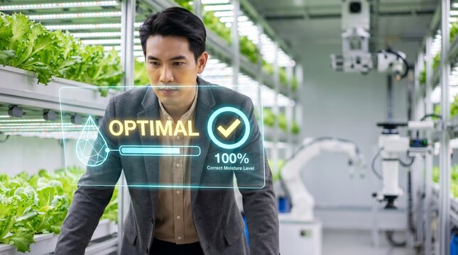 Premium Asian Agritech Founder Looking AR Optimal Soil Moisture Hologram Smart Farm