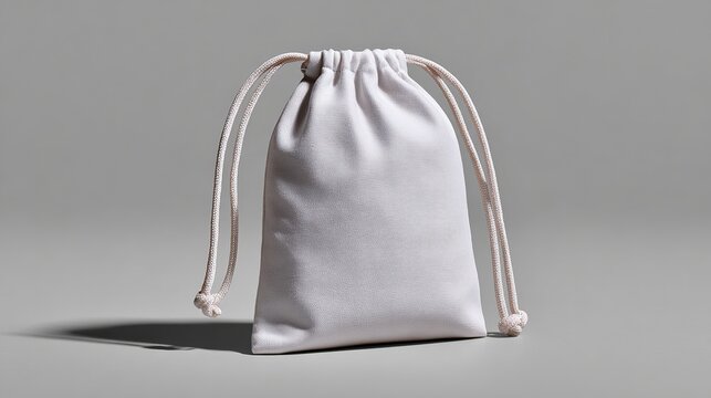 Simple White Drawstring Pouch: A plain white fabric drawstring pouch stands on a neutral surface, its cord cinched at the top, ready to hold small treasures or gifts.