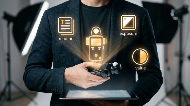 Professional Photographer Using Light Meter and Digital Tablet in Studio with Holographic Exposure Reading Icons and Advanced Lighting Controls