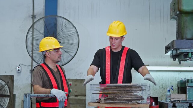 Two men working together in a factory setting to produce sheet metal components in an industrial environment