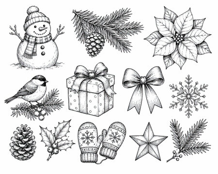 Set of hand drawn christmas icons and festive holiday winter elements isolated on white background