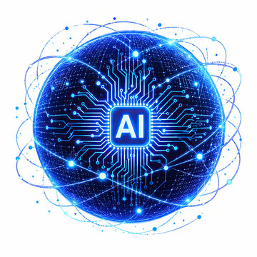 Glowing blue artificial intelligence chip icon with digital network isolated on white background