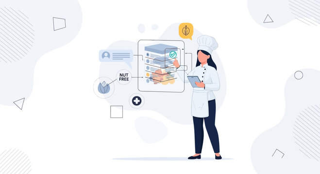 Chef reviews nut-free recipe data on digital tablet for food safety and allergy compliance