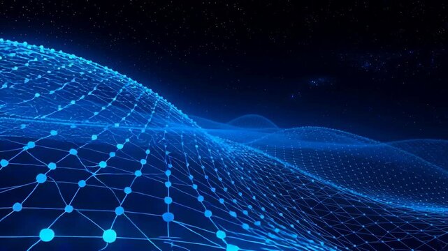 Abstract glowing blue wave grid mesh with digital network connections and starry night background