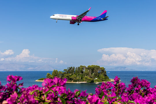 Wizzair Airbus A321neo airplane at Corfu airport in Greece