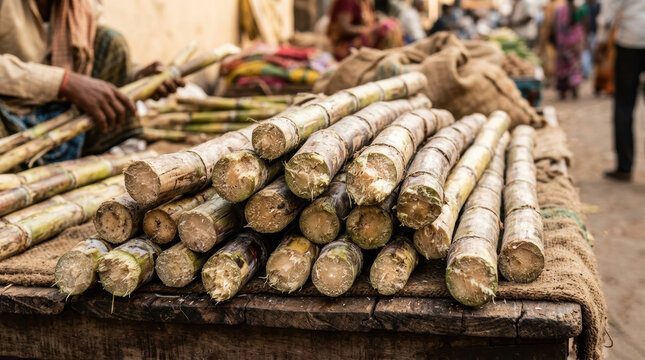 Sugarcane stacked on wooden table at farmers market in India showing fresh agricultural produce and local trade atmosphere