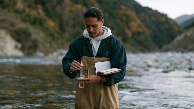 Maori marine biologist in waders stands mid-stream in mountain river, holding water-quality testing kit above current, field journal open against forearm, desolate river valley