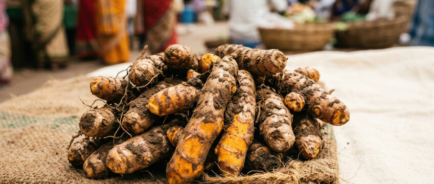 Fresh turmeric roots with soil on burlap at farmers market india showing natural produce and vibrant colors in lively outdoor setting