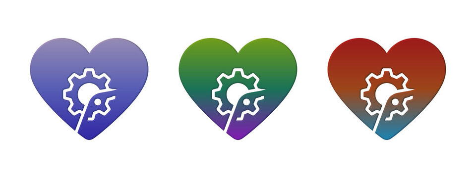 Three colorful heart icons with gear and wrench symbols