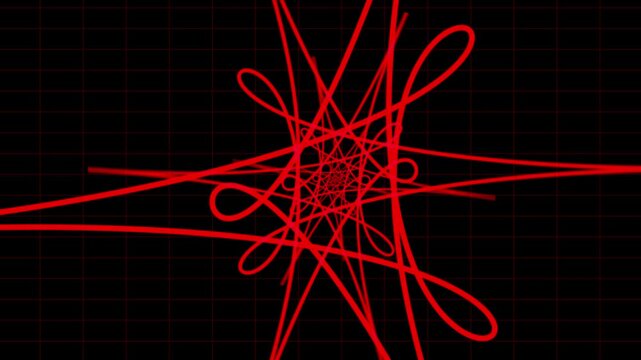 Lines formed by red light create a complex geometric spirograph pattern intersecting across a thin dark grid surface, evoking a technical visualization of signal movement on a digital plotting screen.